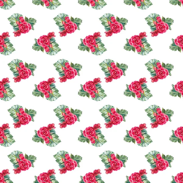 Red begonia flowers with leaves on white background. Seamless floral pattern. — 스톡 사진