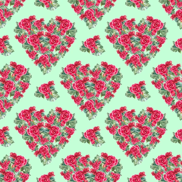 Red begonia flowers with leaves on light green background. Heart of flowers. Seamless floral pattern. — 스톡 사진