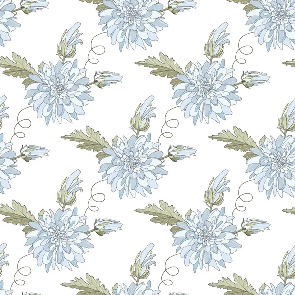 Nahtloses Muster mit weißen Chrysanthemen und Blättern. Endlose Textur für Design. — Stockvektor