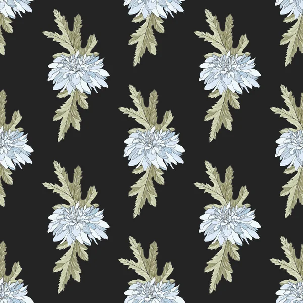 Nahtloses Muster mit weißen Chrysanthemen auf dunklem Grund. Endlose Textur für Design. — Stockvektor
