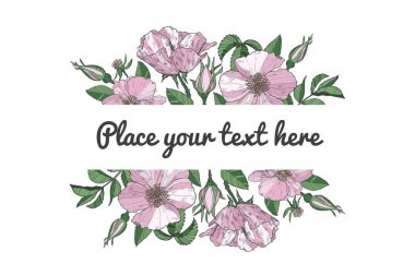 Üzerinde pembe yabani güller olan dekoratif tebrik kartı. Vektör tasarımı.