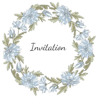 Süslü tebrik kartı ve buğday kasımpatı çiçekleri. Yazı için boş yer. Vektör tasarımı.