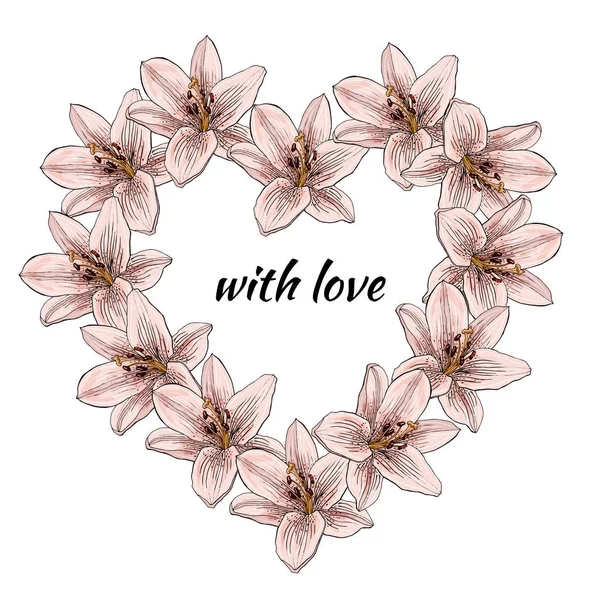 Декоративная открытка с сердцем из розовых цветов лилии. Свободное место для смс. Векторный дизайн . — стоковый вектор