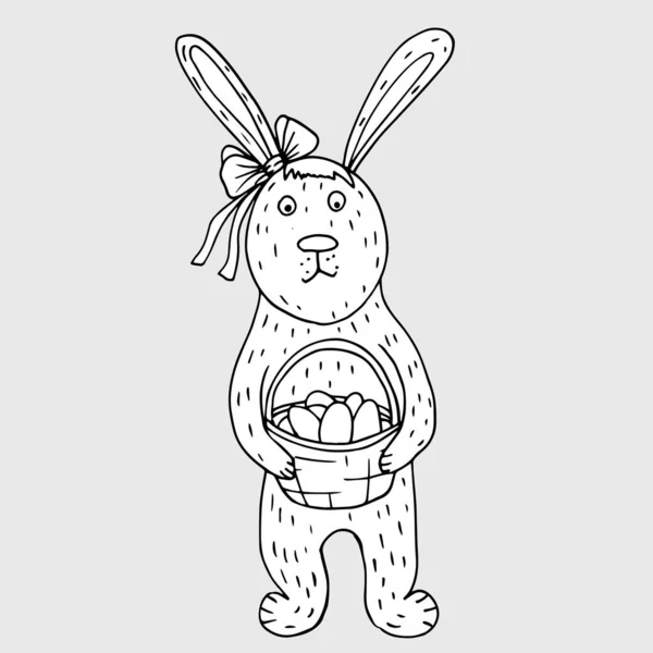 Пасхальный кролик с яйцами. Графический изолированный эскиз . — стоковый вектор