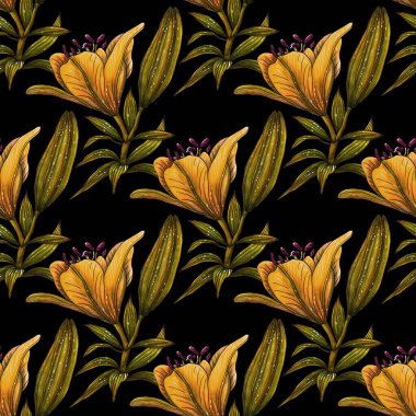 Seamless background with orange lilies on the black. Floral repeat print.