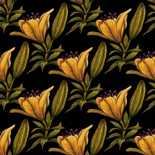 Fundo sem costura com lírios laranja no preto. Repetição floral . — Fotografia de Stock
