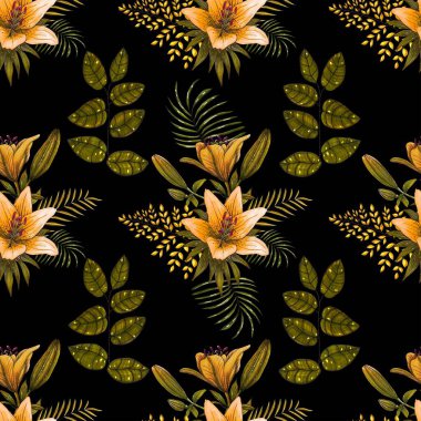 Seamless background with orange lilies on the black. Floral repeat print.