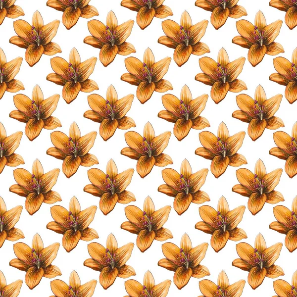 Безшовний фон з помаранчевими ліліями на білому. Квітковий повторюваний принт . — стокове фото