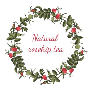 Decorative greeting card with wreath rose hip fruits and leaves.