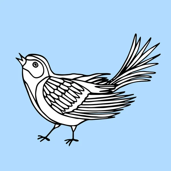 Pássaro decorativo desenhado à mão isolado em azul claro. Ilustração do doodle vetorial — Vetor de Stock