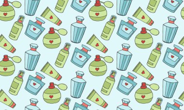 Makyaj malzemeleri ve parfümlü ashion arka plan. El çizimi vektörsüz desen.