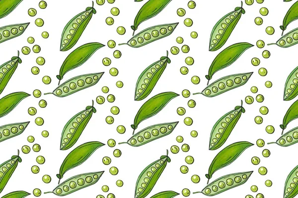 Płynny wzór z zielonym groszkiem na białym tle. Świeży ręcznie narysowany zielony groszek. Rysunek zdrowej żywności. — Zdjęcie stockowe