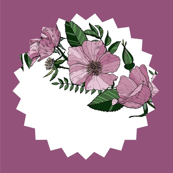 Elegant blomsterkort med vilda rosor. Mugg stå med rosa blommor. Vektorns utformning. — Stock vektor
