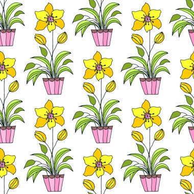 Kusursuz desenli, saksılara güzel el çizimi çiçekler çizilmiş. Doodle vektörü parlak çizim evi bitkileri.