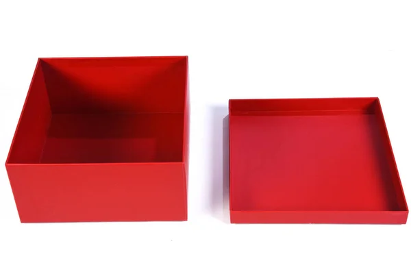 Bela Caixa Presente Vermelho Com Tampa Aberta Com Vista Lateral — Fotografia de Stock