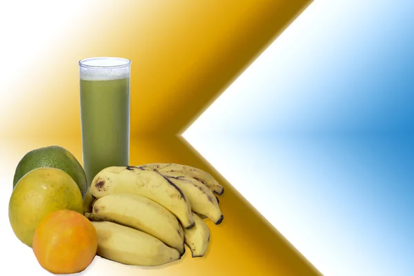 Glass Natural Fruit Juice Orange Banana Tangerine Gradient Background Space — Stock Photo, Image
