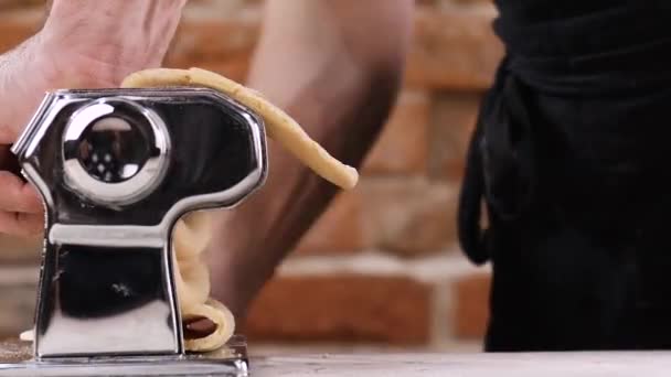 Pasta Maker Man Doing Pasta Steel Machine — Stock Video