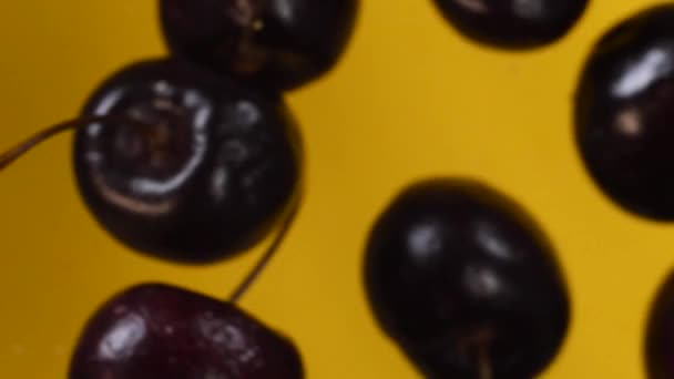 Flying Cherries Slowmo Cherry Yellow Background — Stock Video