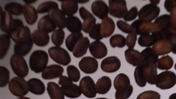 ゆっくりとコーヒー豆が飛んでいる コーヒー豆は白い背景に落ちる スローモのコーヒー — ストック動画