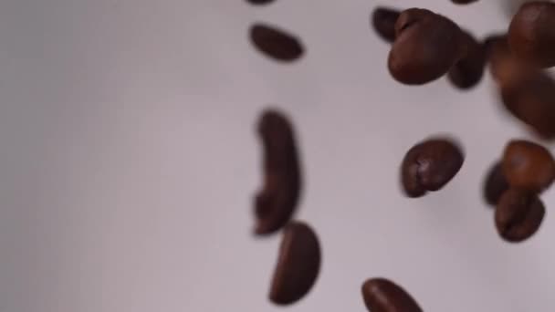 咖啡豆慢动作飞行 咖啡豆落在白色的背道上 慢速咖啡 — 图库视频影像