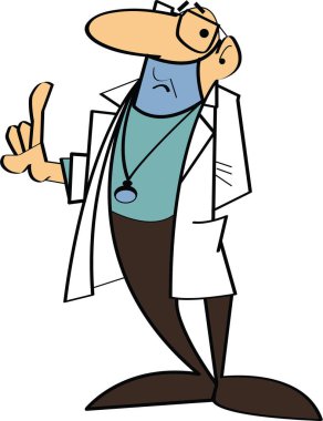 Gözlüklü ve maskeli bir doktor tavsiye ya da tavsiye vermek için parmağını kaldırır. Çizim. Tıbbi tema, konsept. kurgusal karakter ve durum