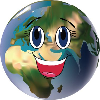 Yaratıcı Dünya gezegeni kavramı. Şirin yüzlü, gülümseyen bir dünya. Dünya günü. Sağlıklı gezegen kavramı. İnsanlık korona virüsünü yendi. Beyaz arkaplanda 3d illüstrasyon