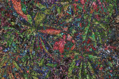 Sonbahar temasının soyut arkaplanı. Akçaağaç yaprakları, kurumuş çiçekler, rovan yaprakları, böğürtlen ve diğer doğal bitki unsurları, fantezi çizimi, kurgusal illüstrasyon, bilgisayar grafikleri