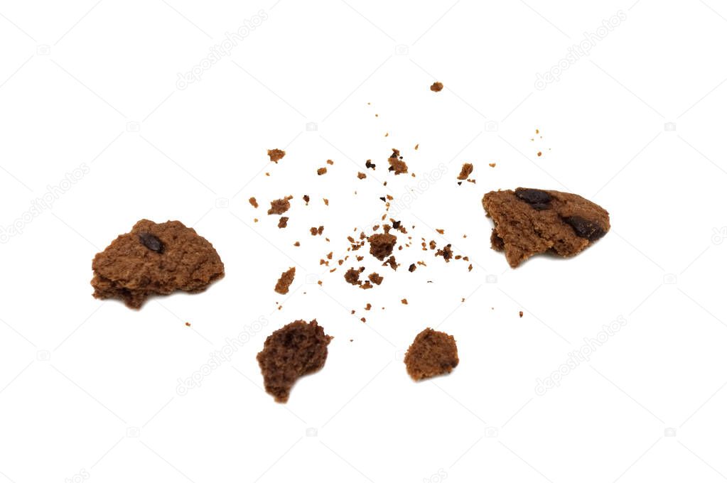 Biscuit with chocolate chip flavored. Some broken and crumbs of crunchy delicious sweet meal and useful cookie. Isolated on white background.