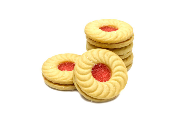 Lychee flavoured jam sanwiched between two cream cookies, Isolated on white background. Tasty treats that are just as fun to eat as they are delicious. They are a great on-the-go allergy free snack.