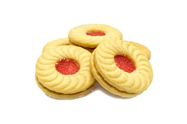 Lychee Flavoured Jam Sanwiched Two Cream Cookies Isolated White Background — Stock Photo, Image