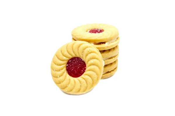 Biscuit Sandwich Butter Cookies Cream Strawberry Flavoured Jam Stack Crunchy — Stock Photo, Image