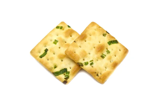 Sušenky Cracker Čtvercový Design Great Chuť Kombinace Zelené Cibule Pšenice — Stock fotografie