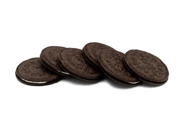 Oreo Thins Vanilyalı Lezzet Vanilyalı Çikolatalı Sandviç Kurabiyeleri Beyaz Arka — Stok fotoğraf