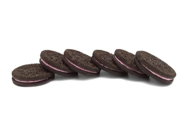 Oreo Biscuits Chocolate Sandwich Cookies Strawberry Flavored Cream Isolated White — Stock Photo, Image