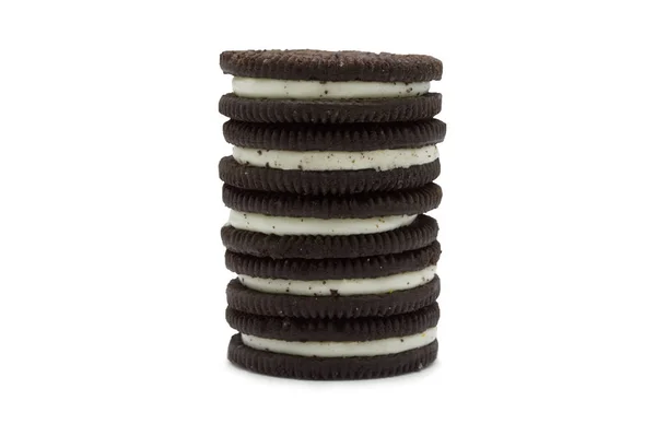 Печенье Oreo Изолированы Белом Фоне Двойное Шоколадное Сэндвич Печенье Ванильным — стоковое фото