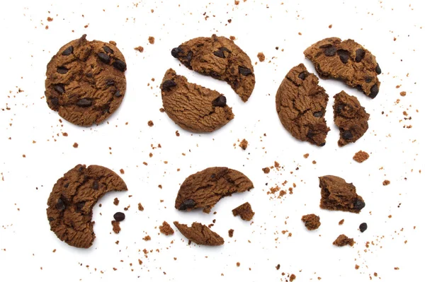 Set Bitten Chocolate Chip Cookies Isolated White Background Top View — Stock Photo, Image
