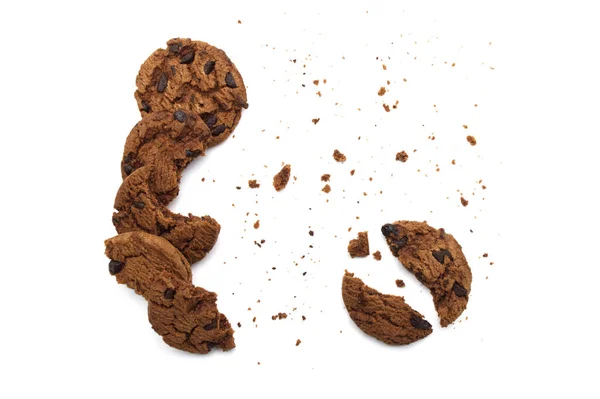 Chocolate Chip Cookies Some Broken Crumbs Isolated White Background Top — Stock Photo, Image