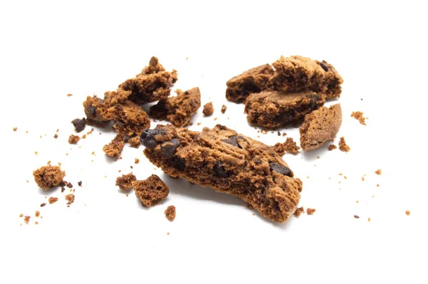 Chocolate Chip Cookies Some Broken Crumbs Isolated White Background Stock Photo