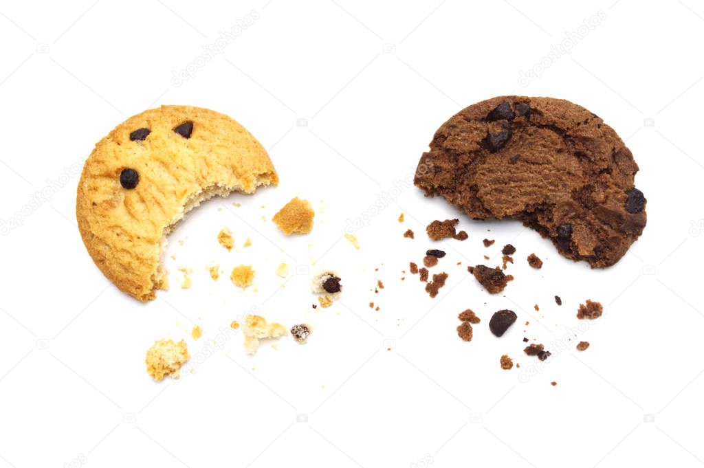 Chocolate chip cookies isolated on white background in Top view.