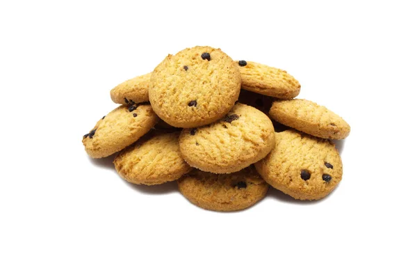 Choklad Chip Cookies Vit Bakgrund Högen Med Söta Kex Läckra — Stockfoto