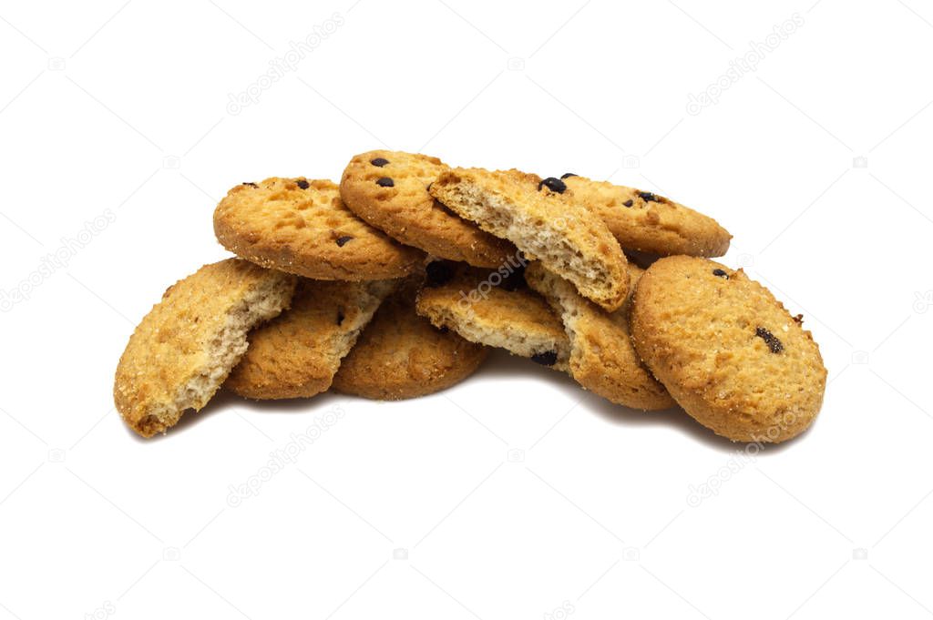 Chocolate chip cookies with cracks isolated on white background. Sweet biscuits delicious and crunchy homemade pastry.