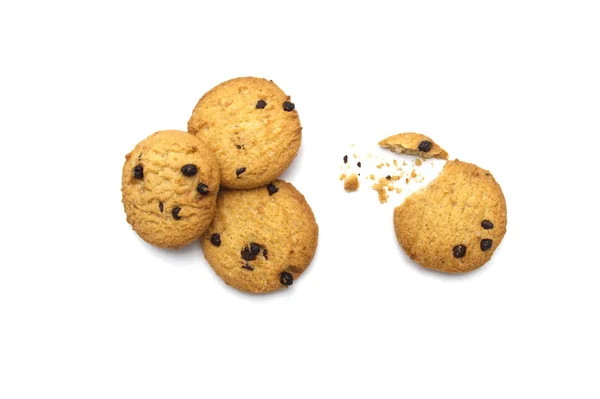 Galletas Con Chispas Chocolate Grietas Desmenuzadas Sobre Fondo Blanco Galletas —  Fotos de Stock