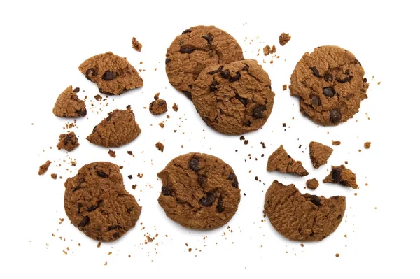 Chocolate Chip Cookies Some Broken Crumbs White Background Top View — Stock Photo, Image