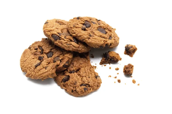 Chocolate Chip Cookies Some Broken Crumbs White Background — Stock Photo, Image