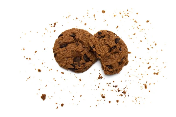 Chocolade Chip Koekjes Kruimels Witte Achtergrond Bovenaanzicht — Stockfoto