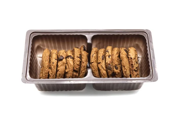 Biscotti Con Gocce Cioccolato Contenitore Imballaggio Dettaglio Isolato Sfondo Bianco — Foto Stock