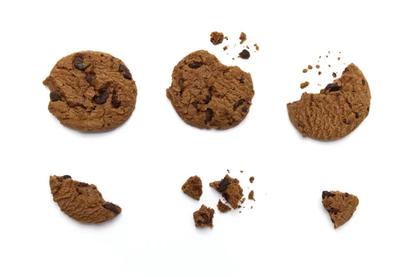 Chocolate Chip Cookies Some Broken Crumbs White Background — Stock Photo, Image