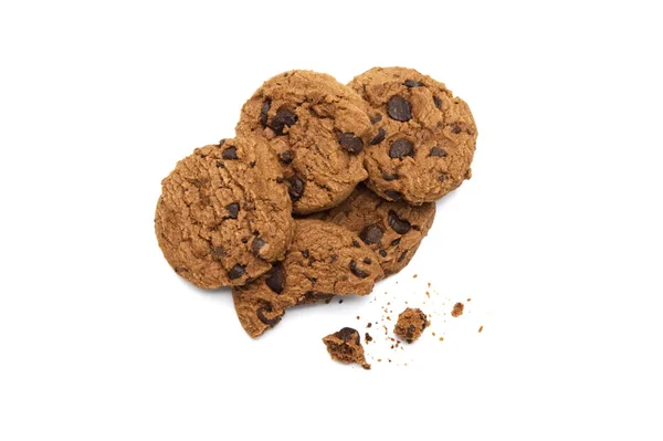 Chocolate Chip Cookies Some Broken Crumbs White Background — Stock Photo, Image