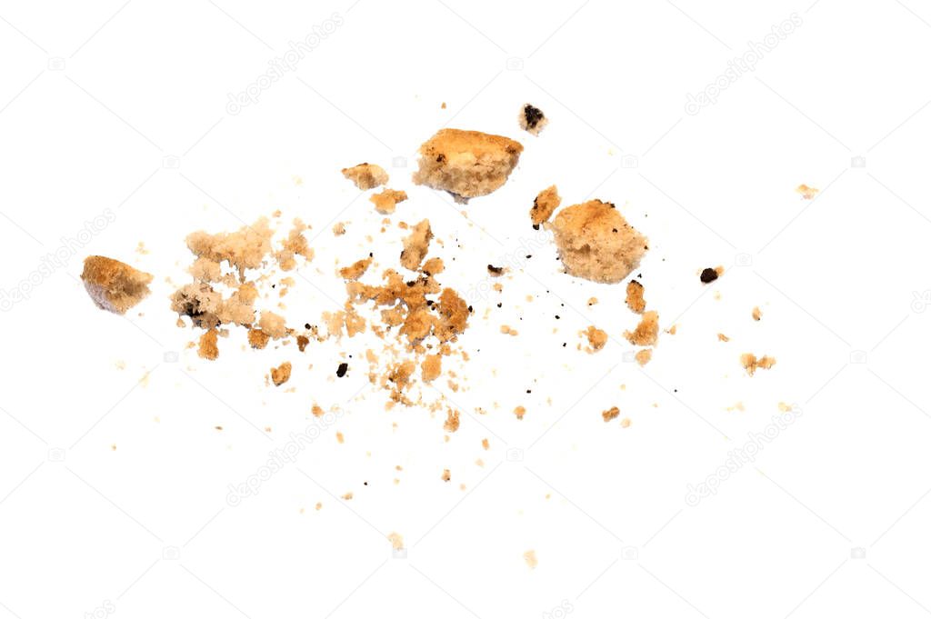 Scattered crumbs of chocolate chip cookies isolated on white background. Sweet biscuits delicious and crunchy homemade pastry.