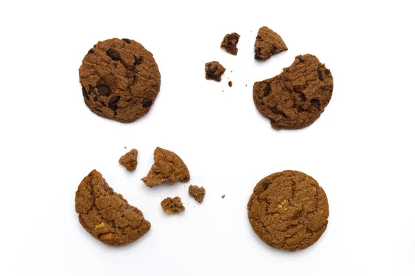 Chocolate Chip Cookies Crumbs White Background Top View — Stok Foto